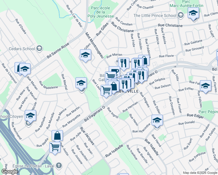 map of restaurants, bars, coffee shops, grocery stores, and more near 582 Montée Montrougeau in Laval