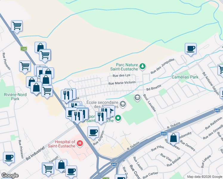 map of restaurants, bars, coffee shops, grocery stores, and more near 175 Boulevard Binette in Saint-Eustache