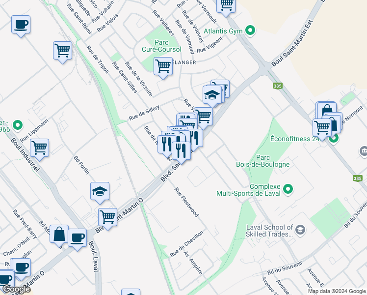 map of restaurants, bars, coffee shops, grocery stores, and more near 495 Boulevard Saint-Martin Ouest in Laval
