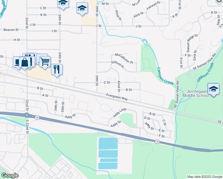 map of restaurants, bars, coffee shops, grocery stores, and more near 4016 C Street in Washougal