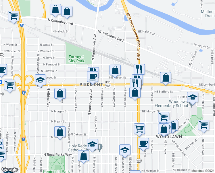 map of restaurants, bars, coffee shops, grocery stores, and more near 65 Northeast Lombard Street in Portland
