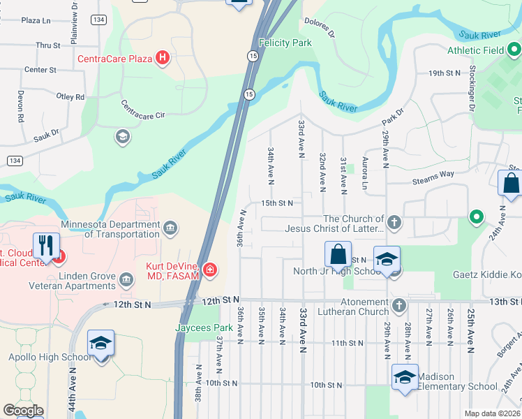 map of restaurants, bars, coffee shops, grocery stores, and more near 3333 15th Street North in St. Cloud
