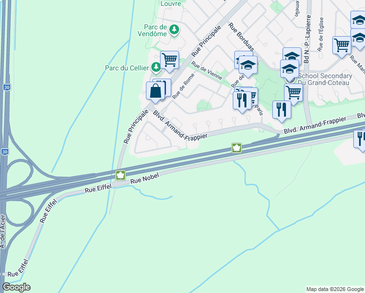 map of restaurants, bars, coffee shops, grocery stores, and more near 2886 Rue de Villandry in Sainte-Julie