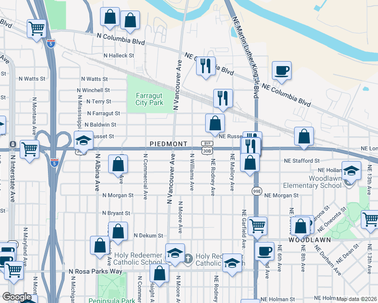 map of restaurants, bars, coffee shops, grocery stores, and more near 7517 North Williams Avenue in Portland