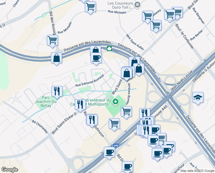 map of restaurants, bars, coffee shops, grocery stores, and more near 3096 Rue Marcel-Proust in Laval