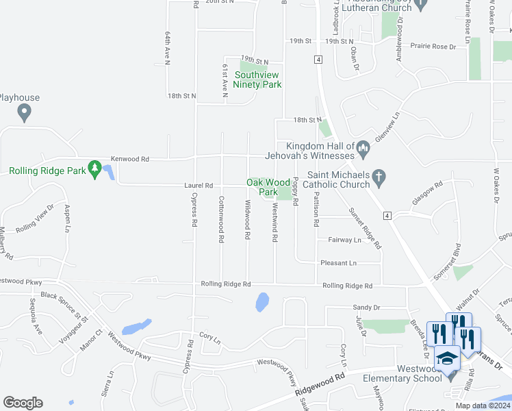 map of restaurants, bars, coffee shops, grocery stores, and more near 1556 Wildwood Road in Saint Cloud