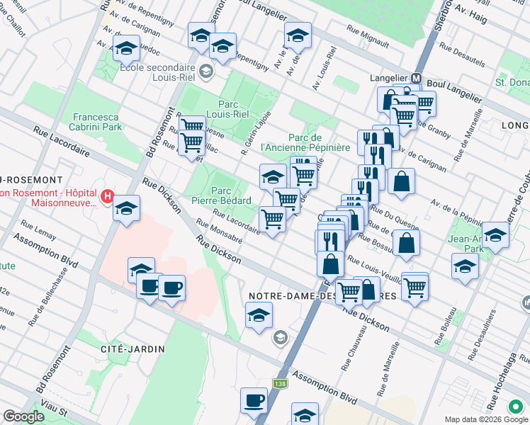 map of restaurants, bars, coffee shops, grocery stores, and more near 5205 Rue Louis-Veuillot in Montréal
