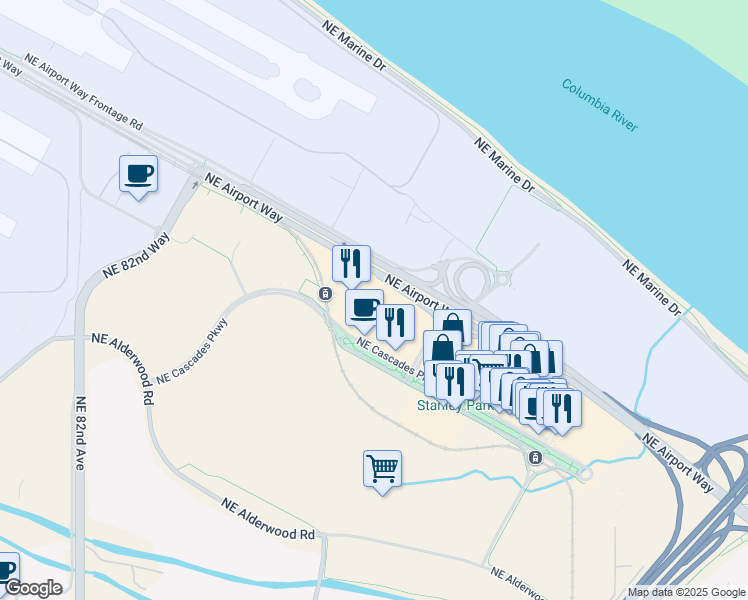 map of restaurants, bars, coffee shops, grocery stores, and more near 9401 Northeast Cascades Parkway in Portland