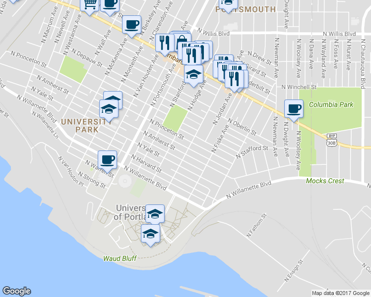 map of restaurants, bars, coffee shops, grocery stores, and more near 7038 North Hodge Avenue in Portland