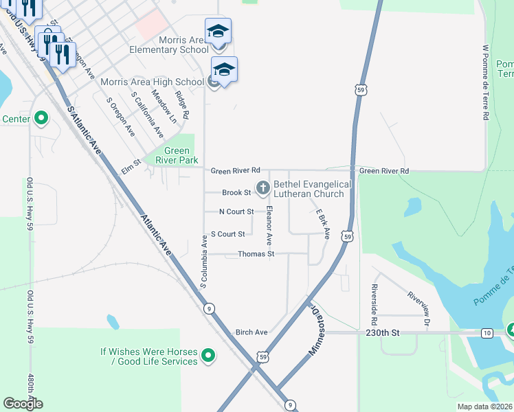 map of restaurants, bars, coffee shops, grocery stores, and more near 22 Brook Street in Morris