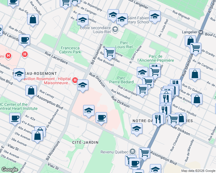 map of restaurants, bars, coffee shops, grocery stores, and more near 5627 Rue Monsabré in Montréal