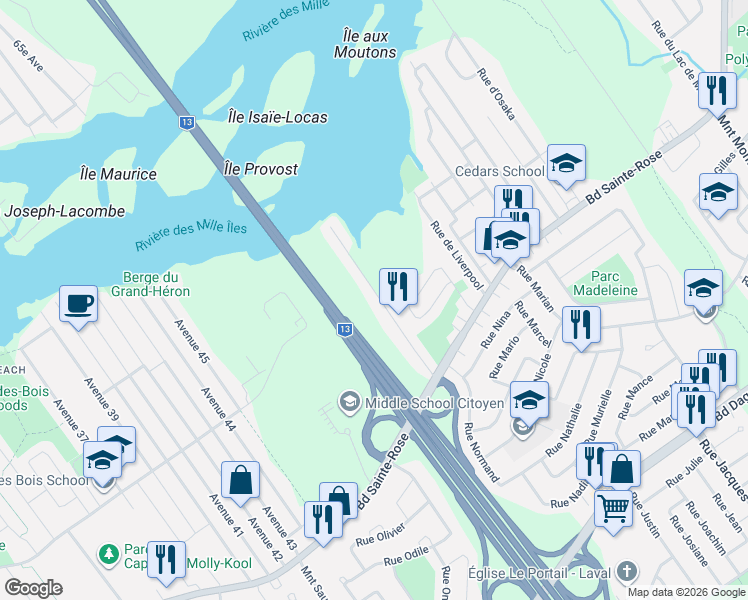 map of restaurants, bars, coffee shops, grocery stores, and more near 1002 Rue de Bordeaux in Laval