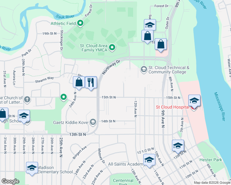 map of restaurants, bars, coffee shops, grocery stores, and more near 1245 15th Street North in Saint Cloud