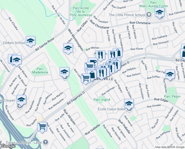 map of restaurants, bars, coffee shops, grocery stores, and more near 3557 Boulevard Dagenais Ouest in Laval