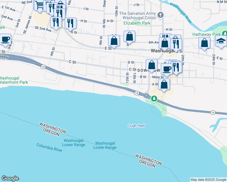 map of restaurants, bars, coffee shops, grocery stores, and more near 954 A Street in Washougal