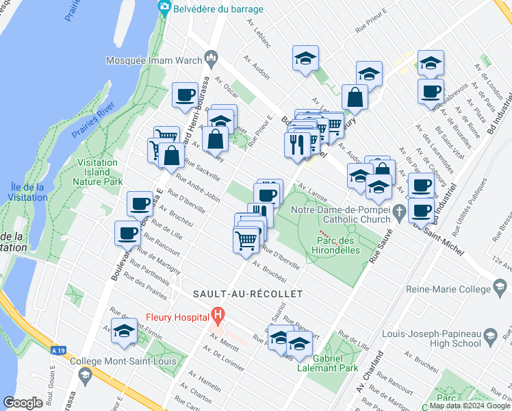 map of restaurants, bars, coffee shops, grocery stores, and more near 10360 Rue Sackville in Montréal