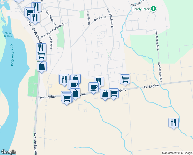 map of restaurants, bars, coffee shops, grocery stores, and more near 47 Rue Édouard-Charles-Croteau in Gatineau