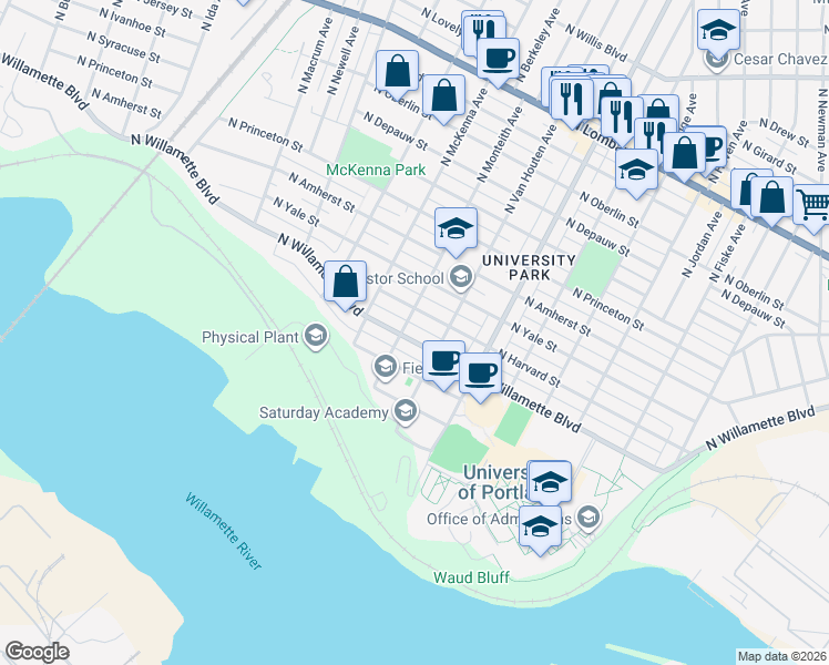 map of restaurants, bars, coffee shops, grocery stores, and more near 5615 North Willamette Boulevard in Portland