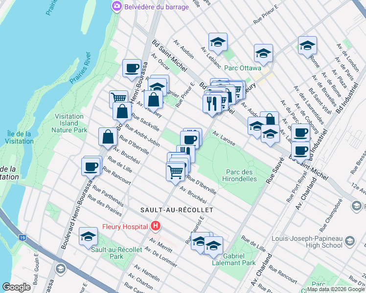 map of restaurants, bars, coffee shops, grocery stores, and more near 10360 Rue Sackville in Montréal
