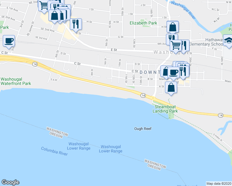 map of restaurants, bars, coffee shops, grocery stores, and more near 954 South A Street in Washougal