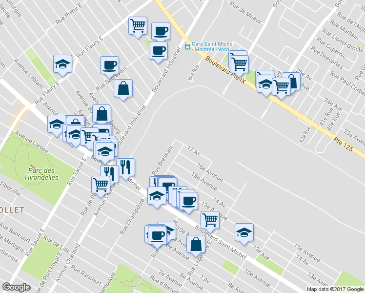 map of restaurants, bars, coffee shops, grocery stores, and more near 3535 Rue Champdoré in Montréal