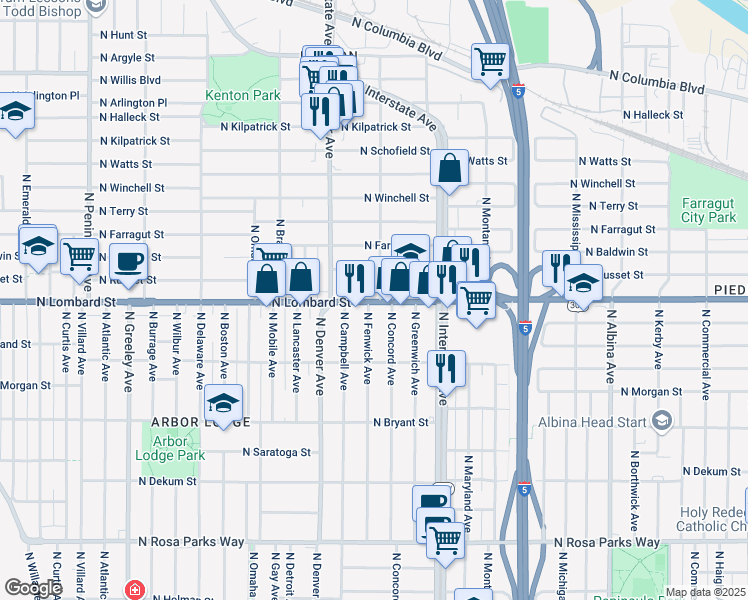 map of restaurants, bars, coffee shops, grocery stores, and more near 7515 North Fenwick Avenue in Portland