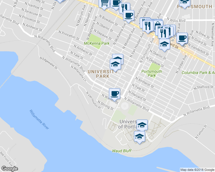 map of restaurants, bars, coffee shops, grocery stores, and more near 5615 North Willamette Boulevard in Portland