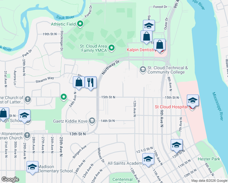 map of restaurants, bars, coffee shops, grocery stores, and more near 1245 15th Street North in St. Cloud