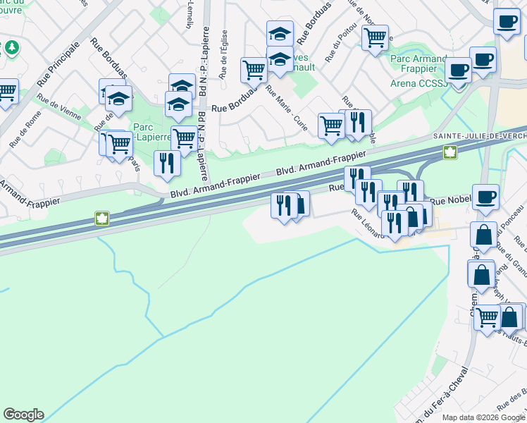 map of restaurants, bars, coffee shops, grocery stores, and more near 2141 Rue Nobel in Sainte-Julie