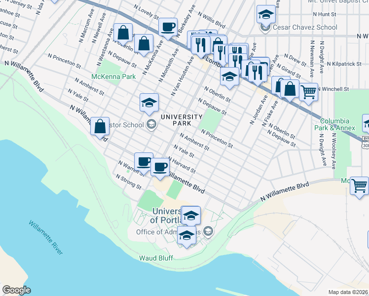 map of restaurants, bars, coffee shops, grocery stores, and more near 5253 North Yale Street in Portland