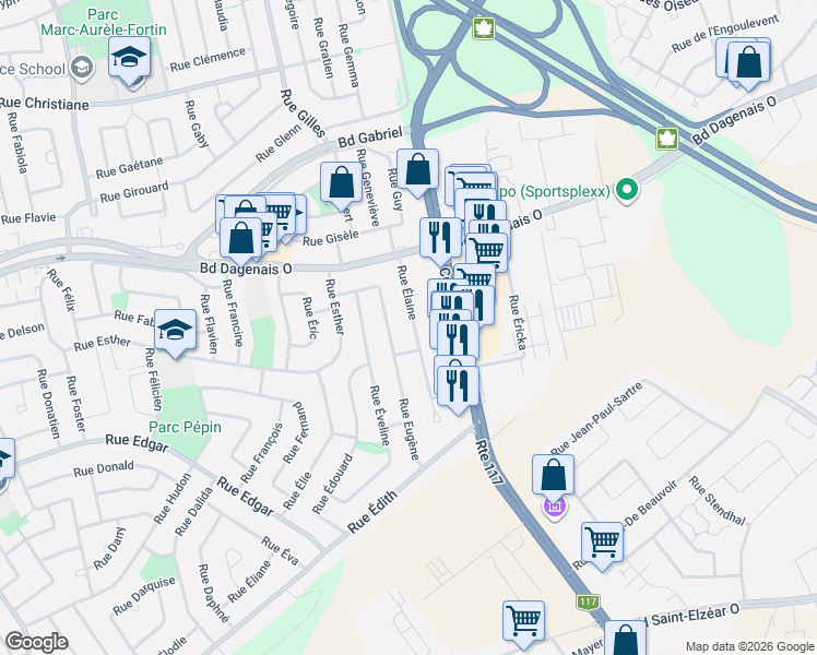 map of restaurants, bars, coffee shops, grocery stores, and more near 435 Rue Élaine in Laval