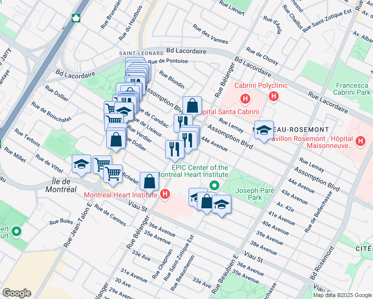 map of restaurants, bars, coffee shops, grocery stores, and more near 5325 Rue Bélanger in Montréal