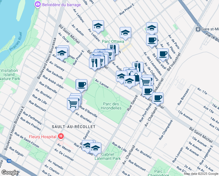 map of restaurants, bars, coffee shops, grocery stores, and more near Avenue Larose in Montréal