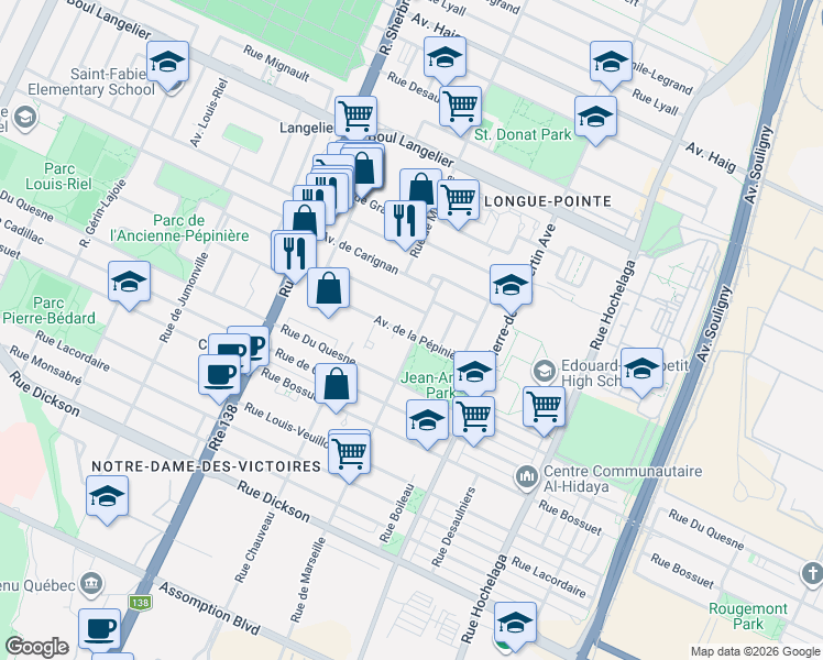 map of restaurants, bars, coffee shops, grocery stores, and more near 6203 Rue de Marseille in Montréal