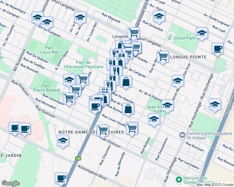 map of restaurants, bars, coffee shops, grocery stores, and more near 3305 Rue Du Quesne in Montréal