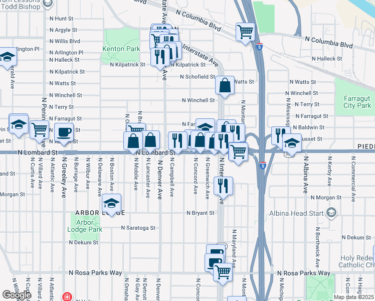 map of restaurants, bars, coffee shops, grocery stores, and more near 1765 North Lombard Street in Portland