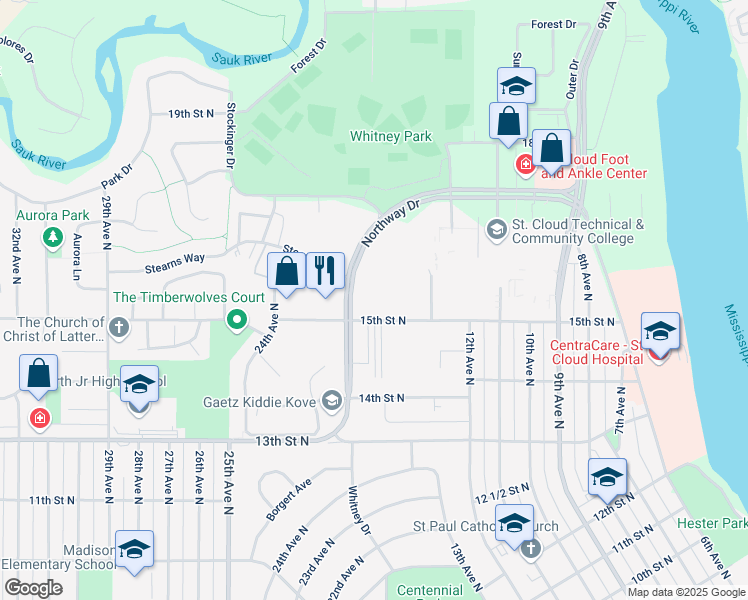 map of restaurants, bars, coffee shops, grocery stores, and more near 1536 Northway Drive in Saint Cloud