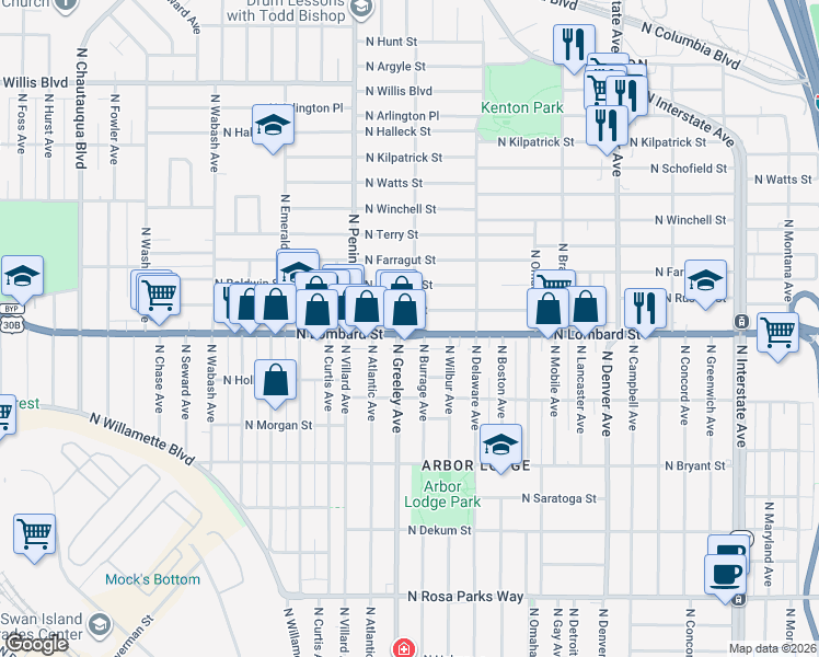 map of restaurants, bars, coffee shops, grocery stores, and more near 2727 North Lombard Street in Portland