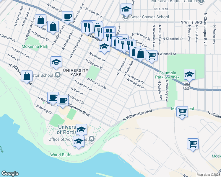 map of restaurants, bars, coffee shops, grocery stores, and more near 4839 North Princeton Street in Portland