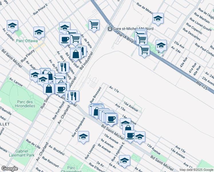 map of restaurants, bars, coffee shops, grocery stores, and more near 3537 Rue Champdoré in Montréal