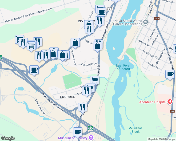 map of restaurants, bars, coffee shops, grocery stores, and more near 20 Saint Joseph Street in New Glasgow