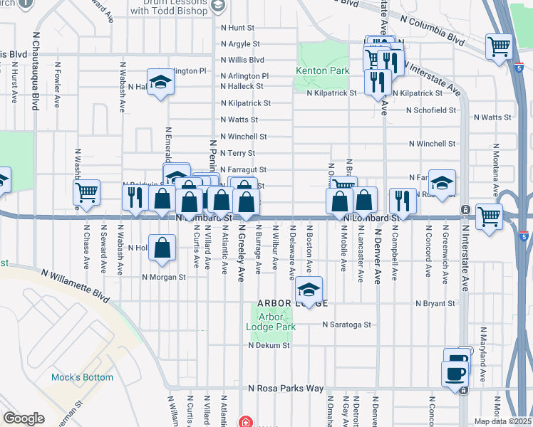 map of restaurants, bars, coffee shops, grocery stores, and more near 2624 North Russet Street in Portland