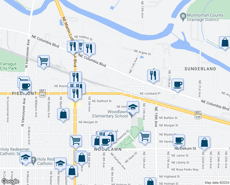 map of restaurants, bars, coffee shops, grocery stores, and more near 809 Northeast Lombard Street in Portland
