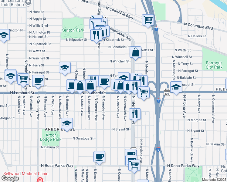 map of restaurants, bars, coffee shops, grocery stores, and more near 7515 North Fenwick Avenue in Portland
