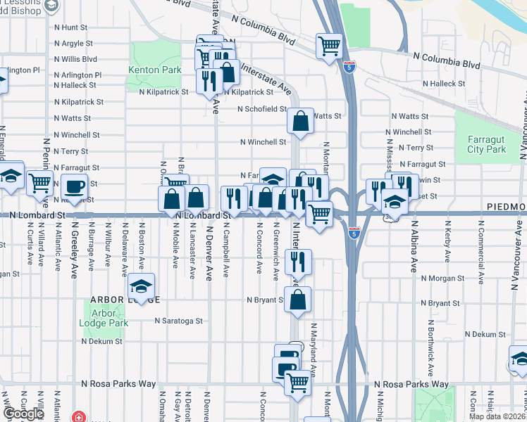 map of restaurants, bars, coffee shops, grocery stores, and more near 1625-1699 North Lombard Street in Portland