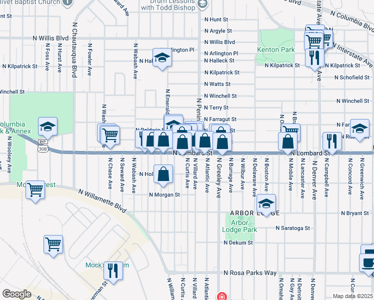 map of restaurants, bars, coffee shops, grocery stores, and more near 7520 North Drummond Avenue in Portland