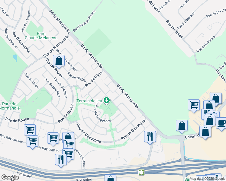 map of restaurants, bars, coffee shops, grocery stores, and more near 485 Rue des Vosges in Boucherville