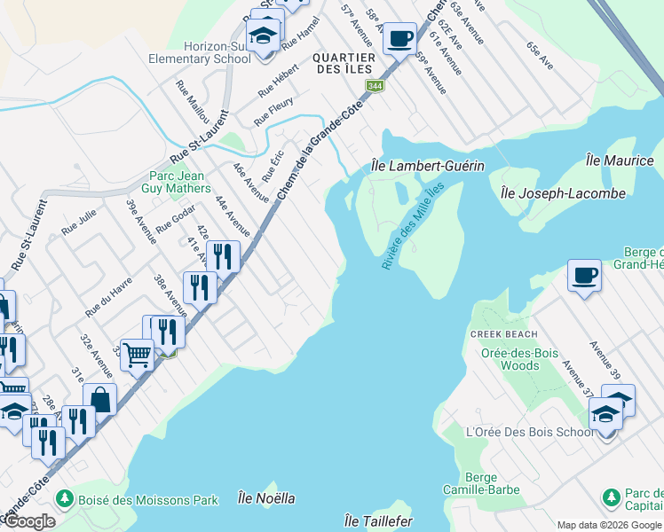 map of restaurants, bars, coffee shops, grocery stores, and more near 36 A 47e Avenue in Saint-Eustache