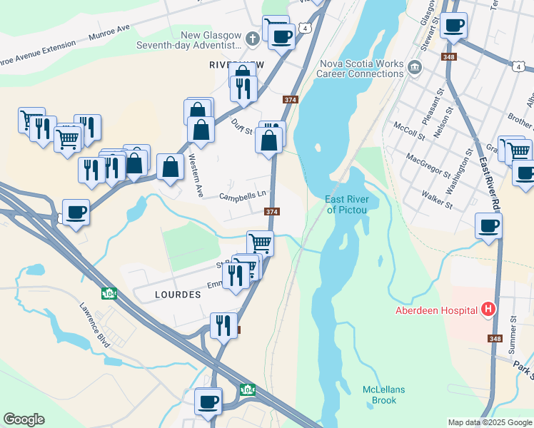 map of restaurants, bars, coffee shops, grocery stores, and more near 104 North Foord Street in New Glasgow