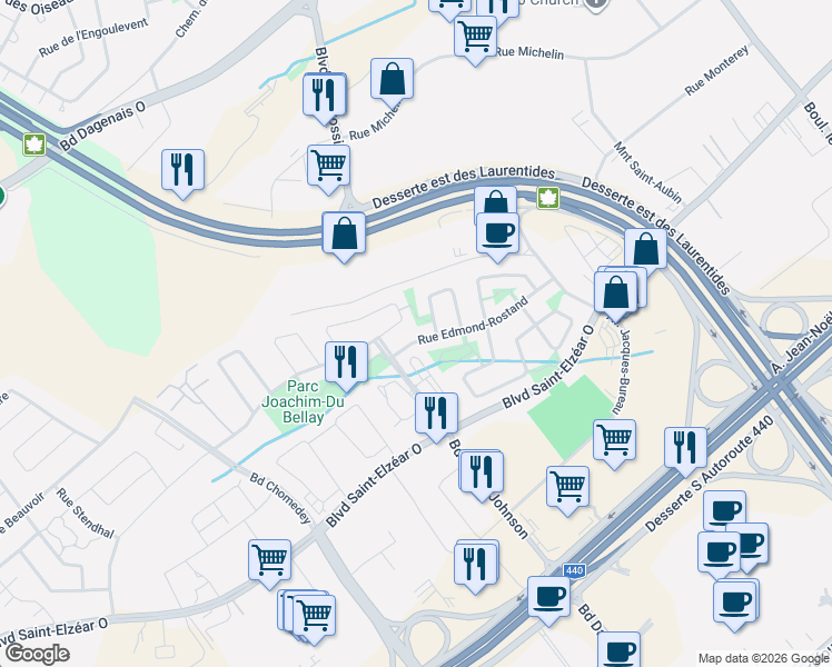 map of restaurants, bars, coffee shops, grocery stores, and more near 3117 Rue Edmond-Rostand in Laval